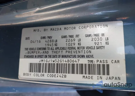 2016 Mazda Mazda6 I Grand Touring из США, поврежденный, VIN JM1GJ1W52G1480647